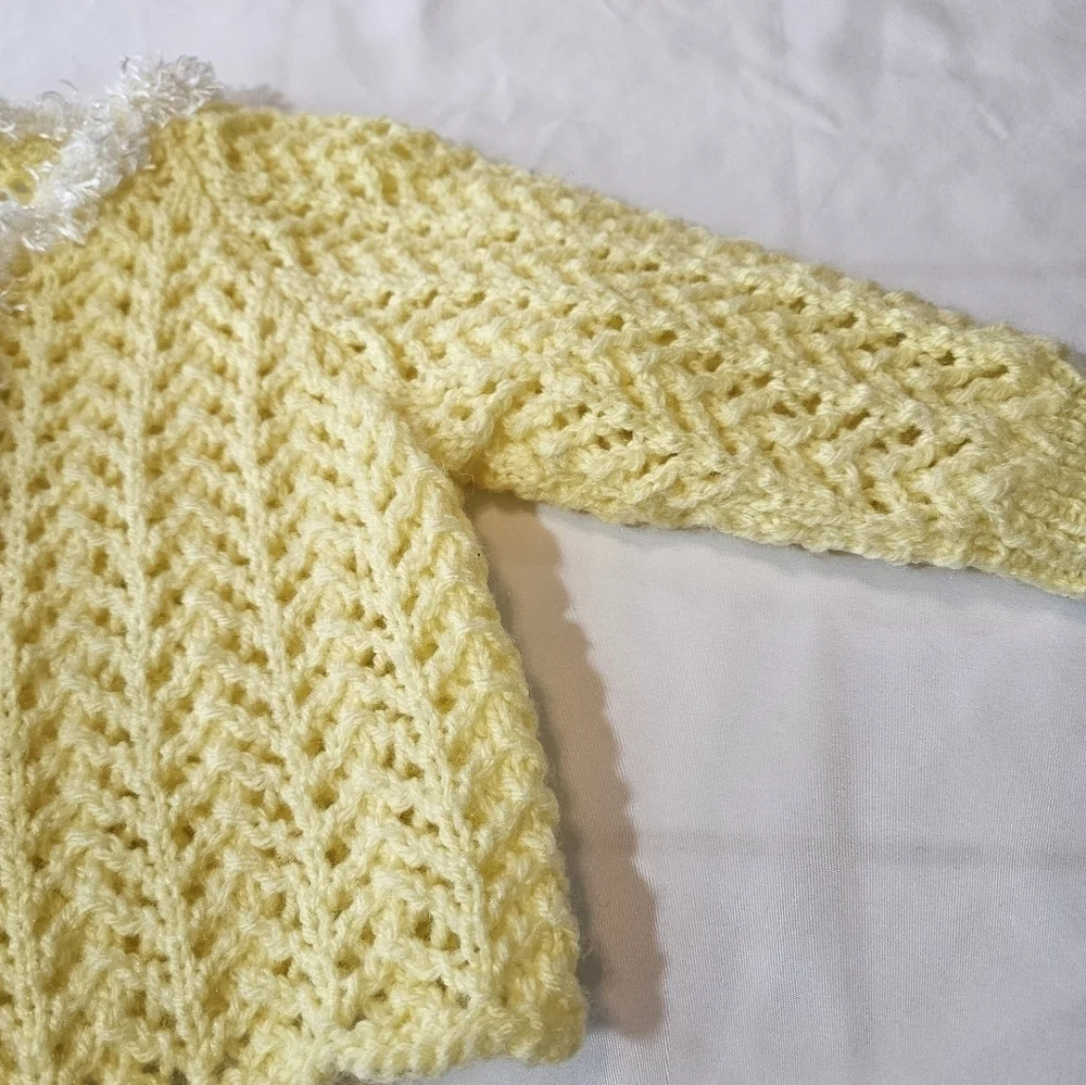 Hand Crafted Cardigan Crochet knit Set Yellow & white mesh lace knitting stitch - Picture 14 of 17